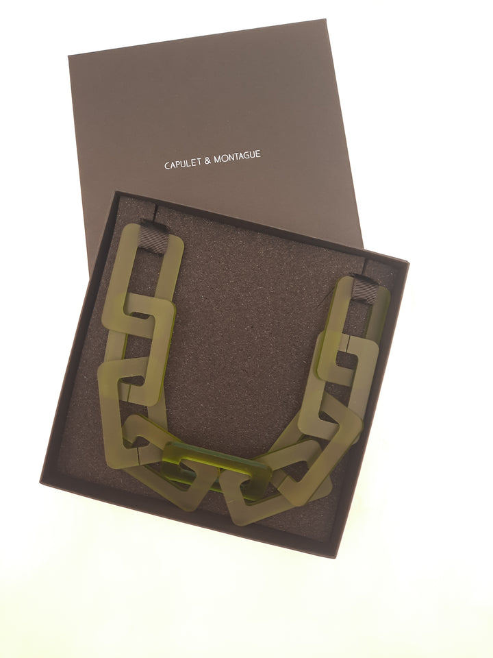 Olive statment necklace made in Ireland by irish  jewellery jewelry designer Capulet and montague 