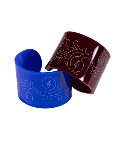 Sculptural Cuff with hand drawn etched pomegranate in Burgundy