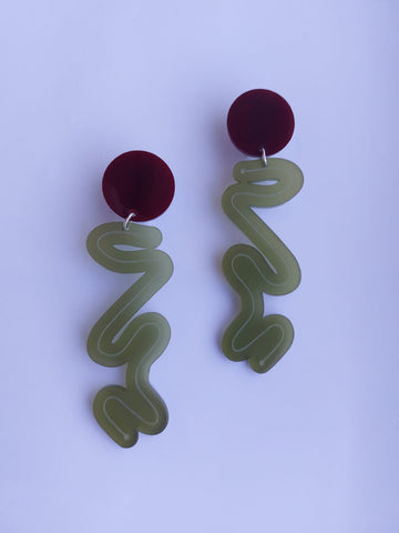 olive & burgundy Disco pantz earrings