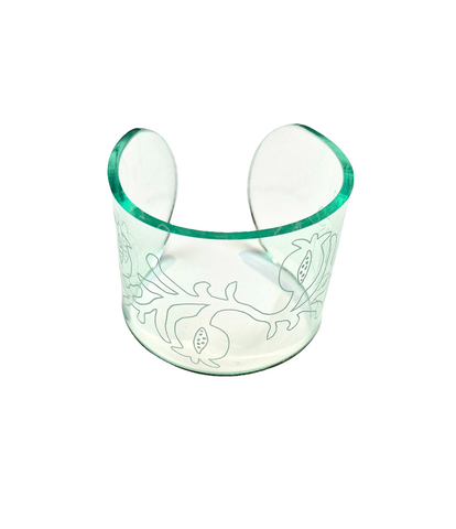 Sculptural Cuff with hand drawn etched pomegranate in glass like acrylic