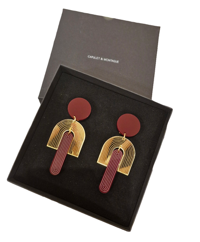 Gold and burgundy Arc drop earrings