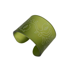 Sculptural Cuff with etched pomegranate in frosted olive