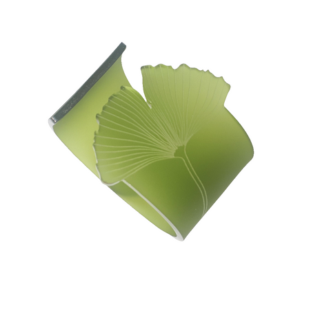 Sculptural Cuff with etched Ginkgo leaf detail in frosted olive