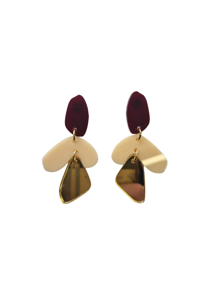 Burgundy, sand and gold statement earrings by Capulet and Montague