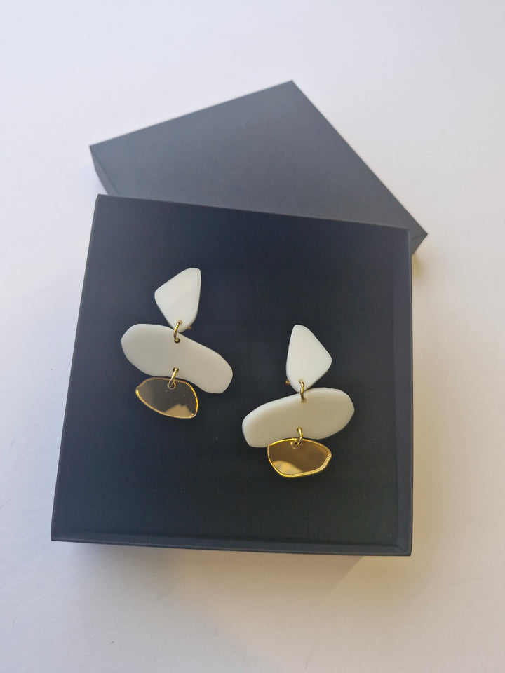 Modern minimalist gold earrings, Irish contemporary jewellery Capulet & Montague masde from recycled acrylic