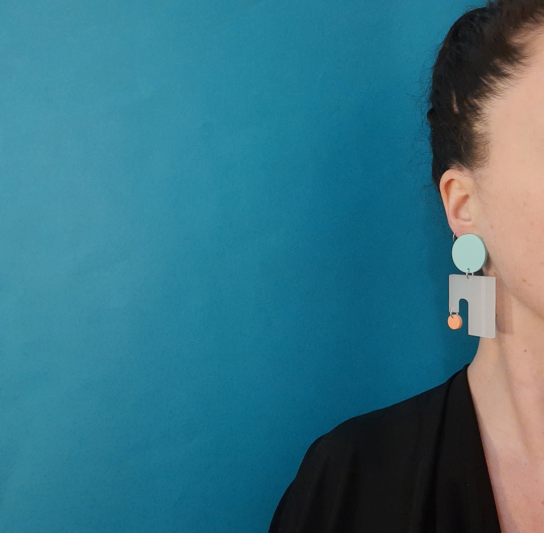 Boxed off statment earrings designed and made in Ireland by Capulet and montague