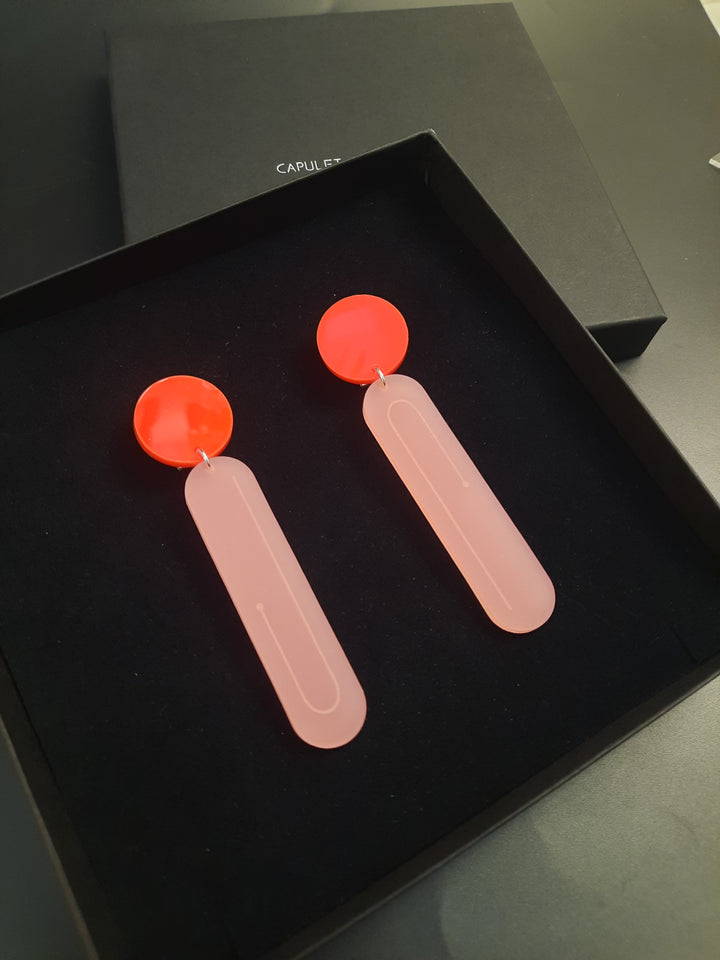 Statement drop frosted rose earrings designed and made in Ireland by irish brand Capulet and montague 