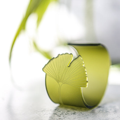 Sculptural Cuff with etched Ginkgo leaf detail in frosted olive